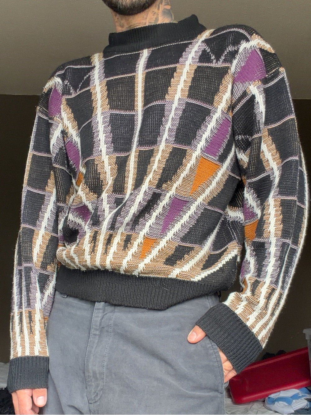 Men's Black Multicolor Geometric Knit Sweater